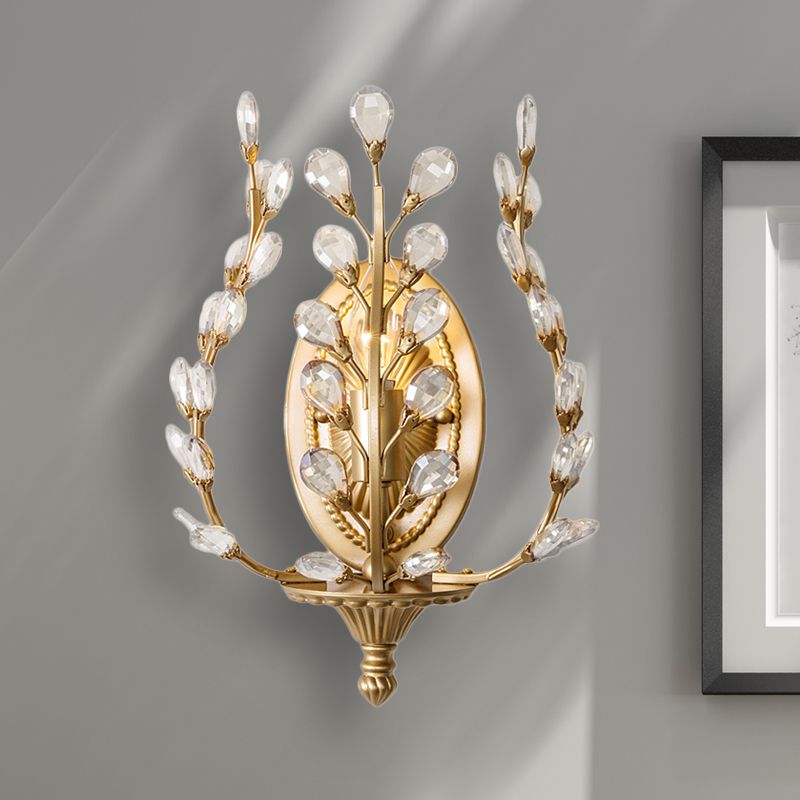 Lampe murale de vigne en or avec ambre / feuille de cristal transparent moderne 1 luminaire d'éclairage en métal léger pour le salon