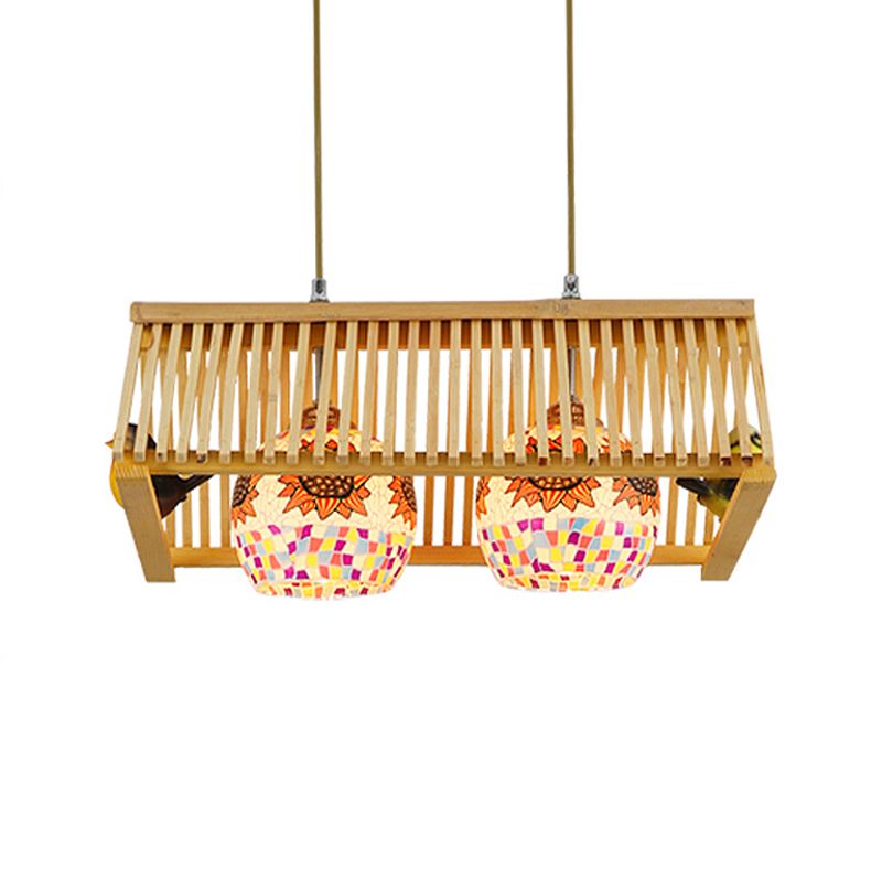 Roof Shaped Hanging Pendant Light Modern Style Wood 1/2-Head Beige Hanging Light Fixture, 16"/19.5" W