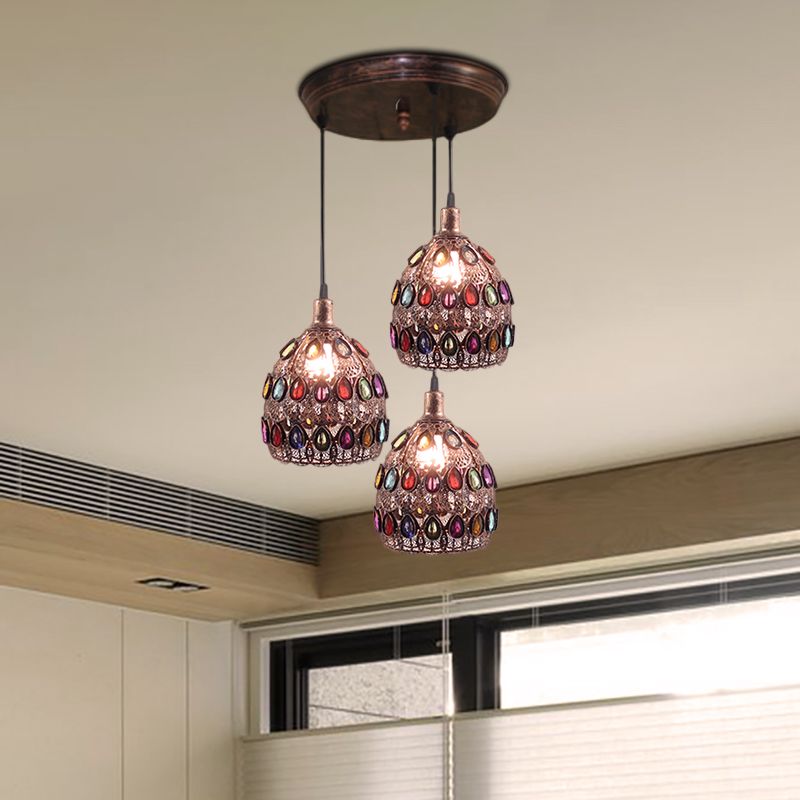 1/3-Light Dome Pendant Ceiling Fixture with Crystal Gem Bohemia Hanging Light in Weathered Copper with Round/Linear Canopy
