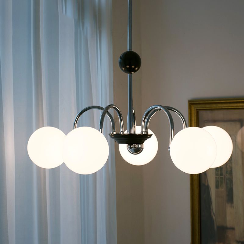 Modern Style Spherical Shape Chandelier Lights White Glass Pendant Lights in Silver
