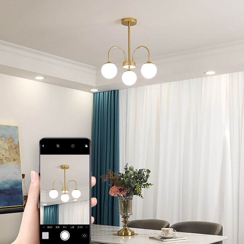 Gold Metal Chandelier Light Fixtures Modern 3-Head Globe Suspension Lamps with White Glass Shade