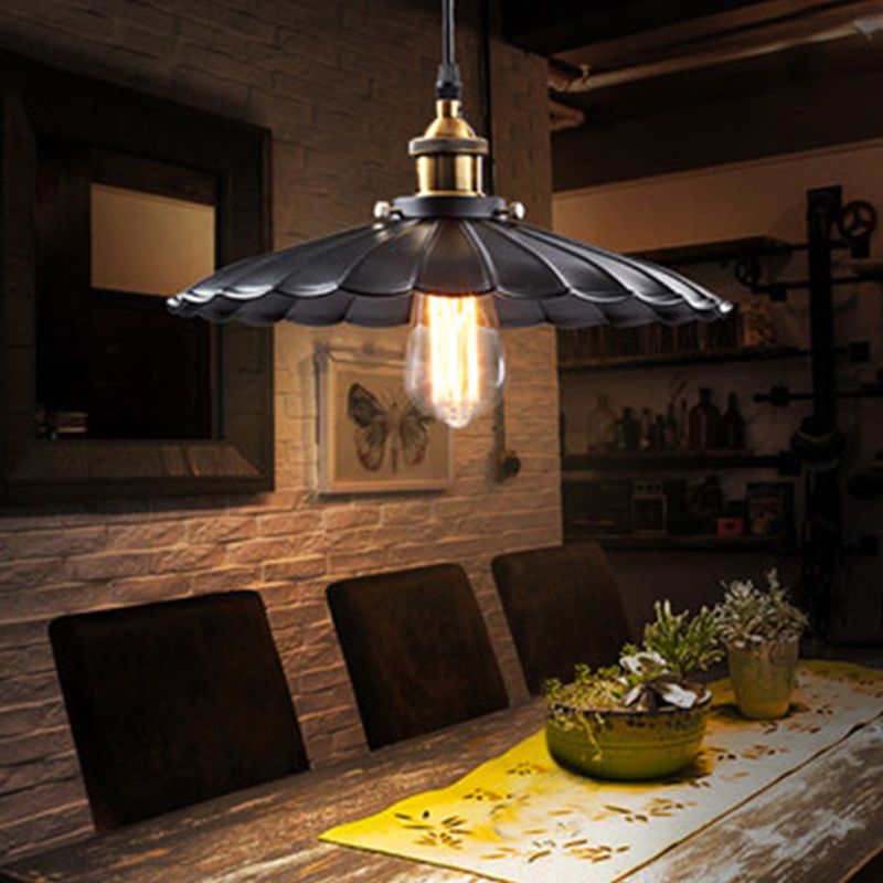 Single-Bulb Metallic Suspension Lighting Retro Style Black Scalloped Cone Restaurant Pendant Ceiling Light