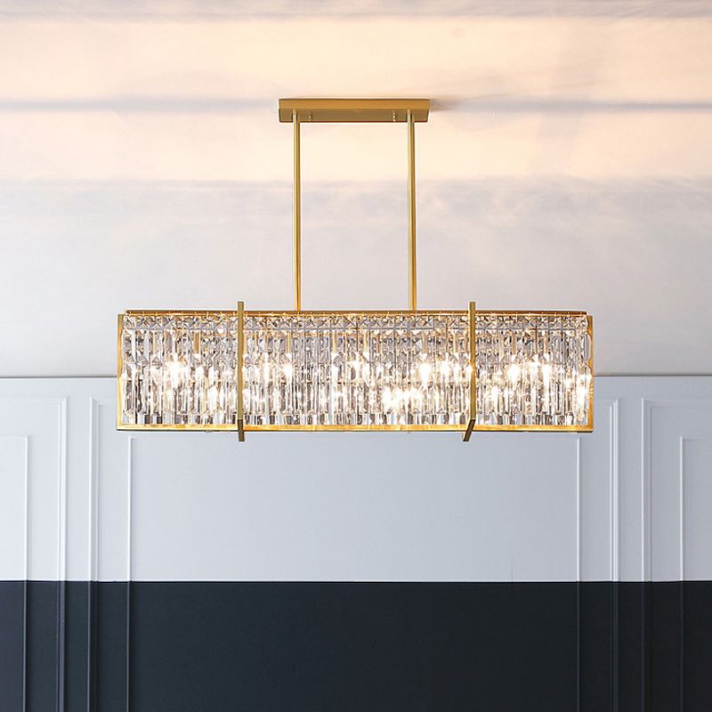 Post-Modern Rectangular Hanging Lamp 5 Bulbs Prismatic Crystal Island Pendant Light in Gold