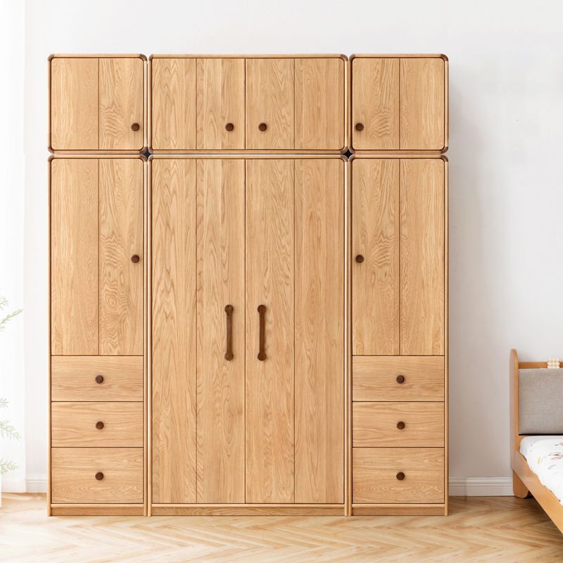 Wardrobe Closet Light Wood Solid Wood Hinged with Drawer with Garment Rod