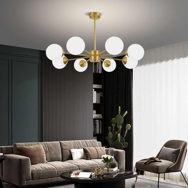 Gold Chandelier Lighting Fixtures Designer Style Multi-Head Suspension Light with White Glass Shade