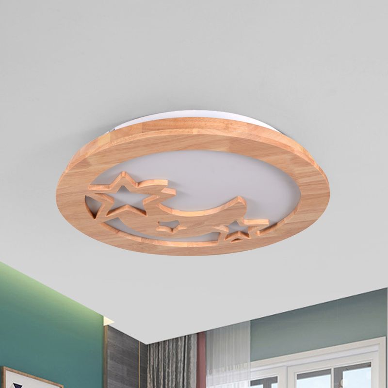 Geschnitzte Mond und Stern Deckenleuchte Zeitgenössische Natürliche Holz LED Foyer Flush Mount Licht