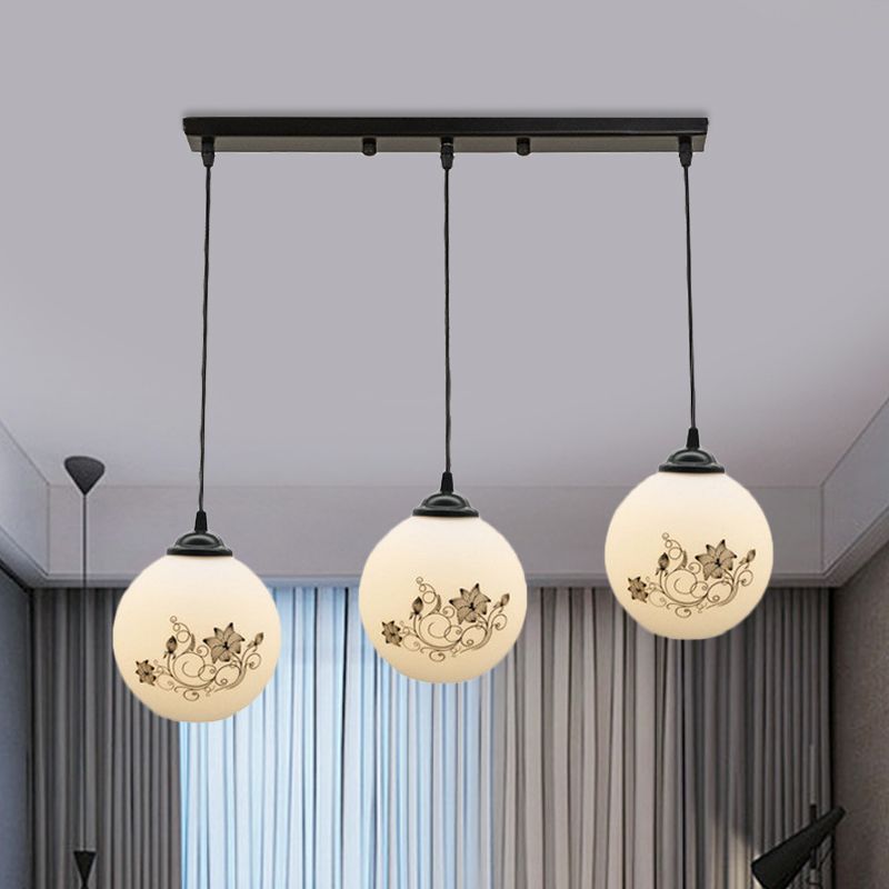 Black Sphere Multi Ceiling Lamp Modernism White Printing Glass 3-Light Dining Room Pendant with Round/Linear Canopy