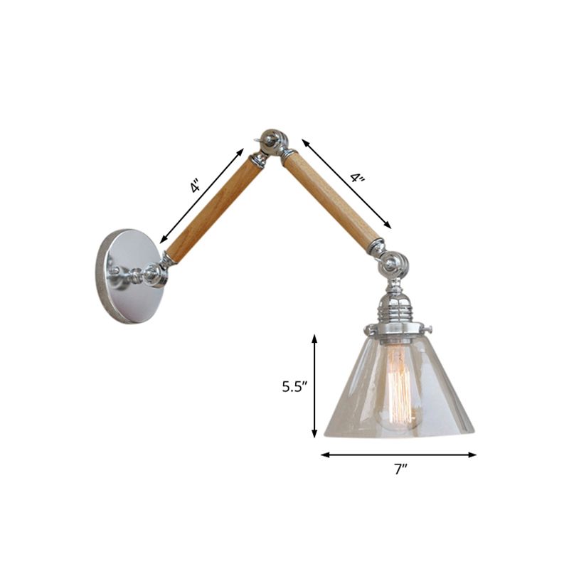 Cone Bedside Sconce Light Fixture Vintage Style Clear Glass 1 Light Chrome Wall Lamp, 8"+8"/6"+6"/8"+4" Wooden Arm