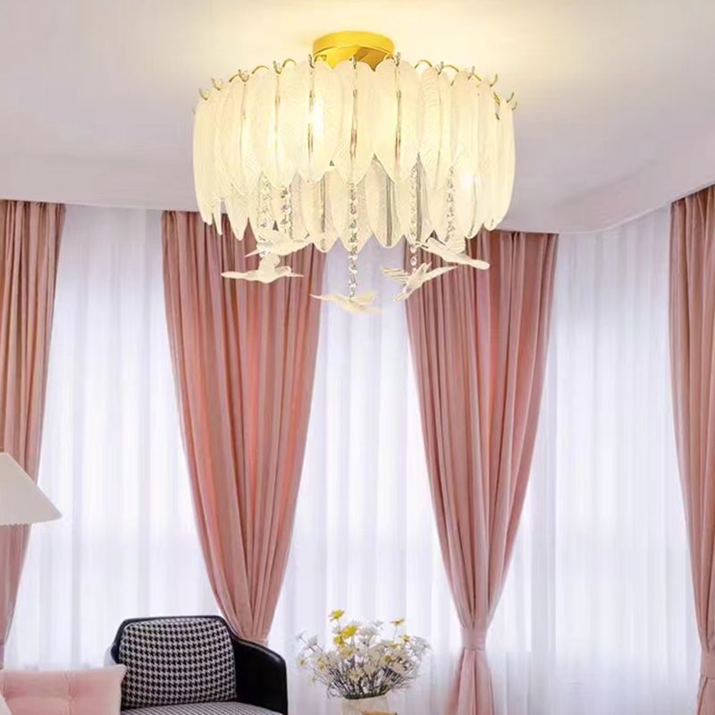 Modern Glass Ceiling Lamp Feather-shaped Flush Mount Light Fixture for Bedroom