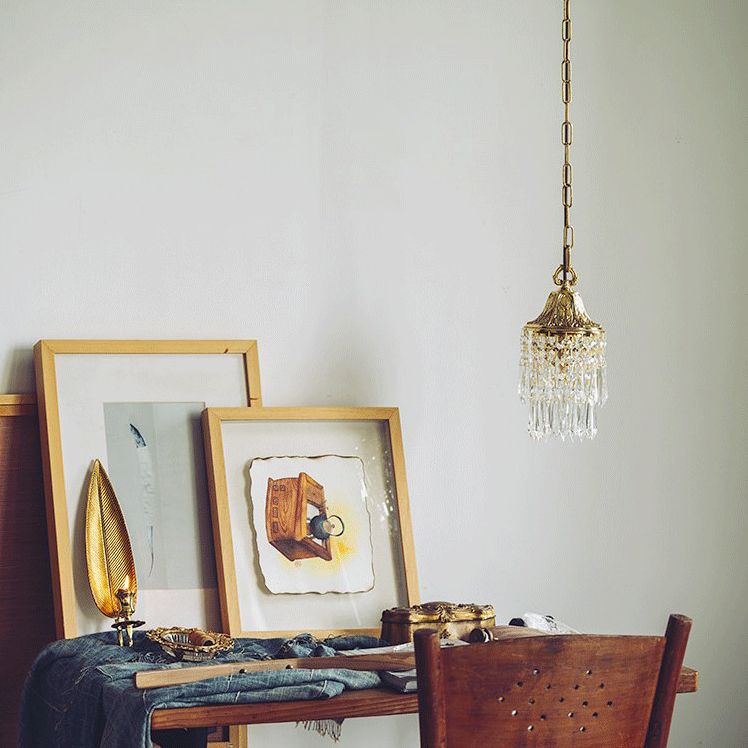 Vintage Wind Chime Crystal Pendant Lamp Golden Relief Crown Hanging Light for Bedroom