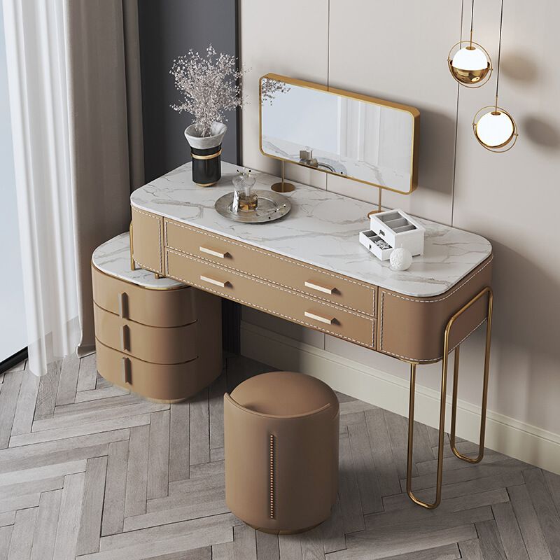 Mirrored Makeup Dressing Table Luxurious Stone Top Stool Set in Brown