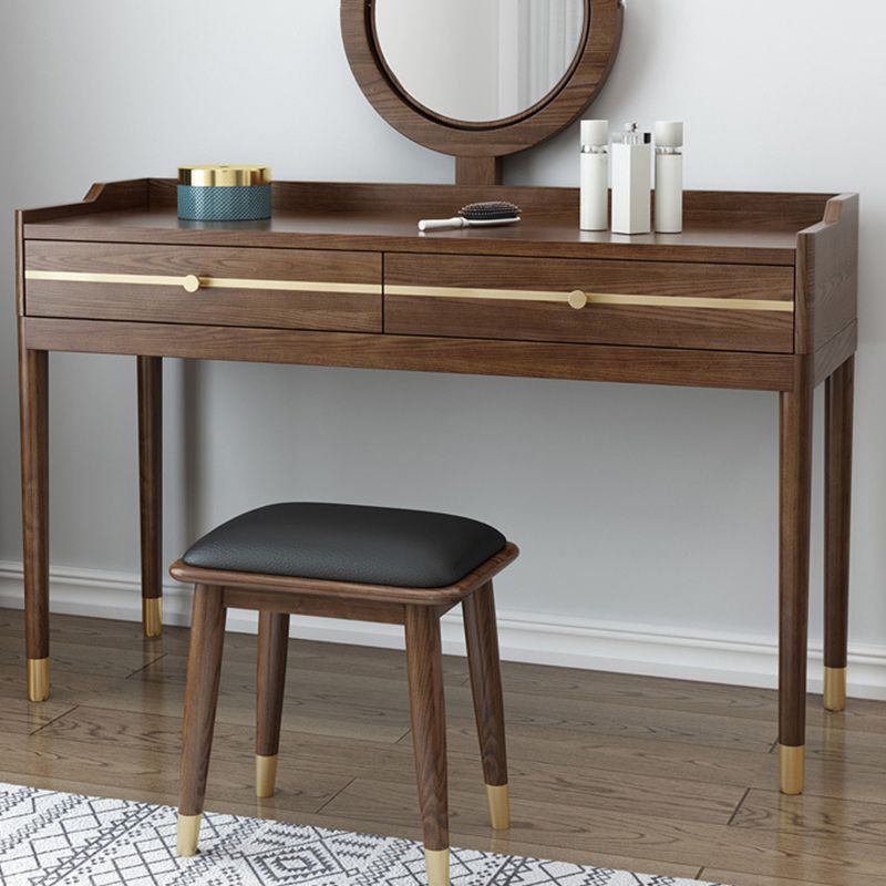 Mirror & 2 Drawers Makeup Vanity Traditional Brown Dressing Table Stool Set