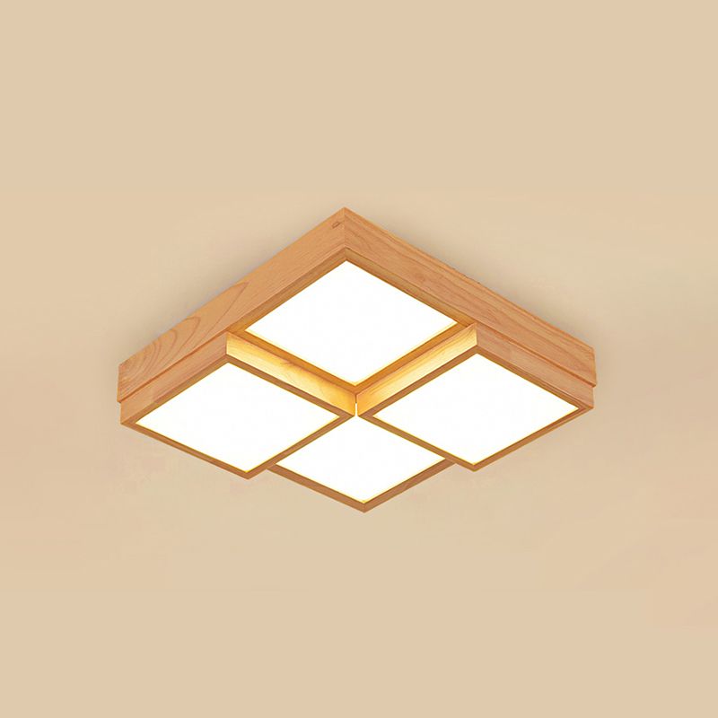Natuurlijke Houten Vierkante Flush Licht Moderne 4/6/9-Licht Houten LED Plafond Lamp in Warm/Wit/Natuurlijk Licht