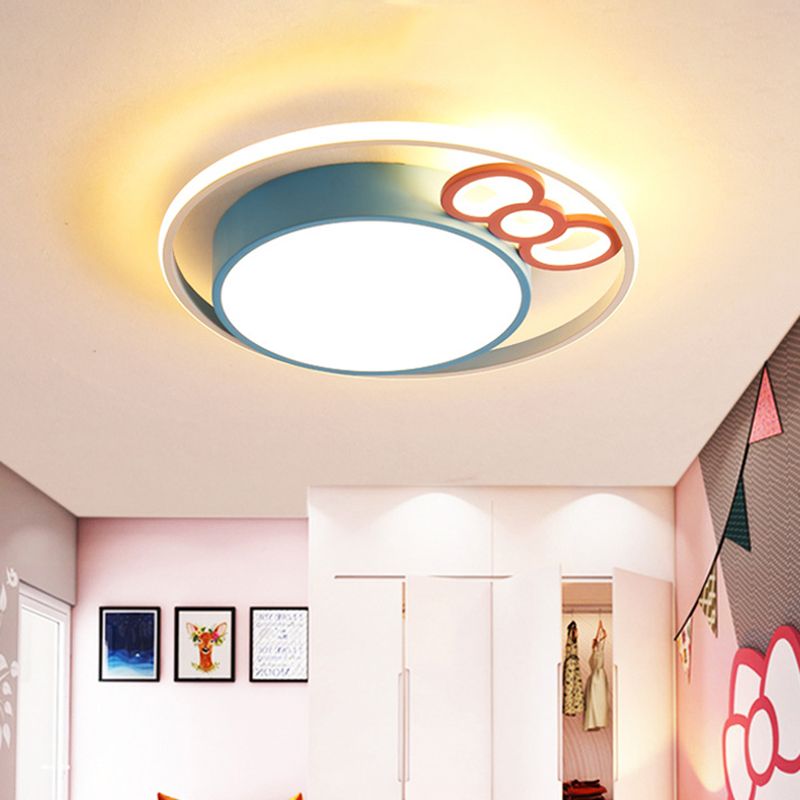 Kids LED Ceiling Mounted Fixture Pink/Blue Finish Bow and Round Flushmount Light in Warm/White Light, 18"/23" Dia