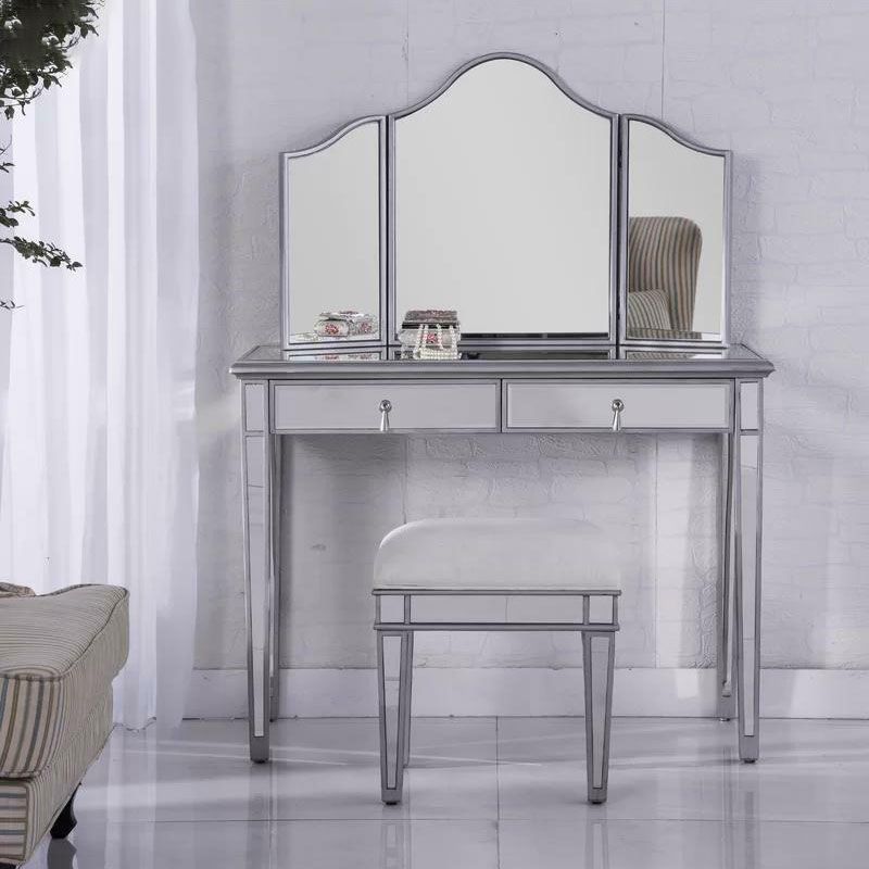 2 Drawers Mirrored Makeup Table and Stool Set Vanity for Women in Silver