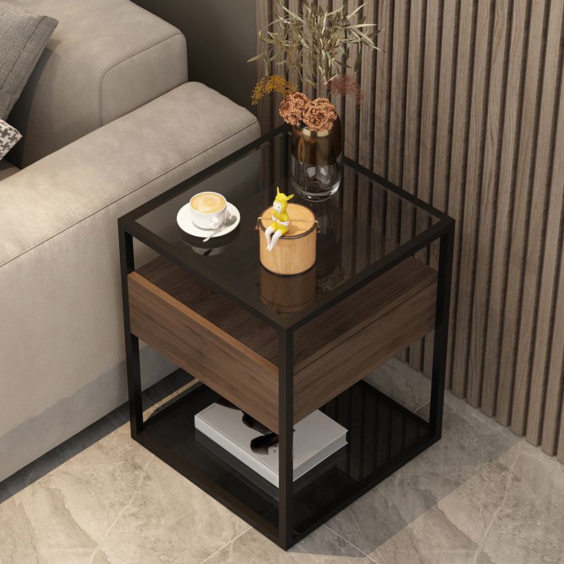 Square Glass/Stone Top End Table 21.26" Tall 1-Drawer Side Table with Storage Shelf