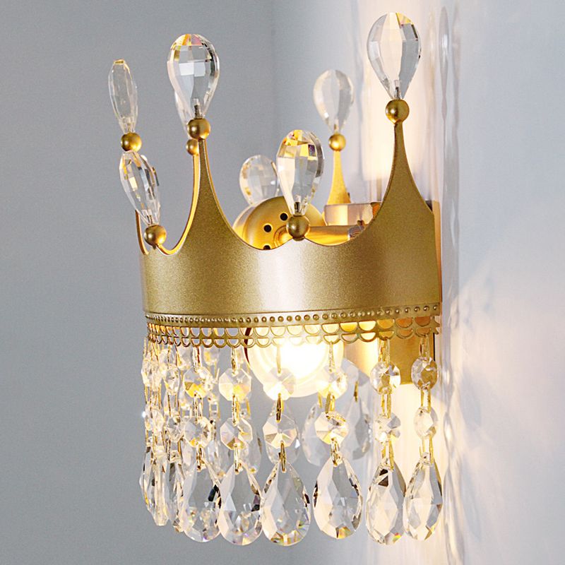 Metal Crown Wall Sconce Lighting Cartoon 2 Heads Gold LED Wall Mount Lamp with Crystal Drop Deco