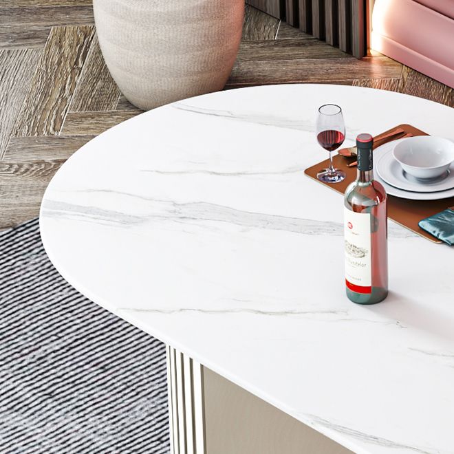 Glam Sintered Stone Top Kitchen Dining Table Oval Standard Dining Table with Double Pedestal Bases