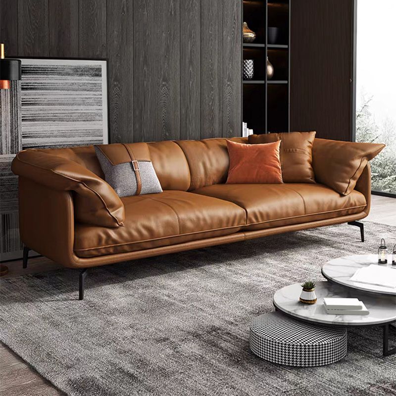 Pillow Top Arm Sectional Sofa 34.65"High Genuine Leather Cushion Back Sofa,Brown