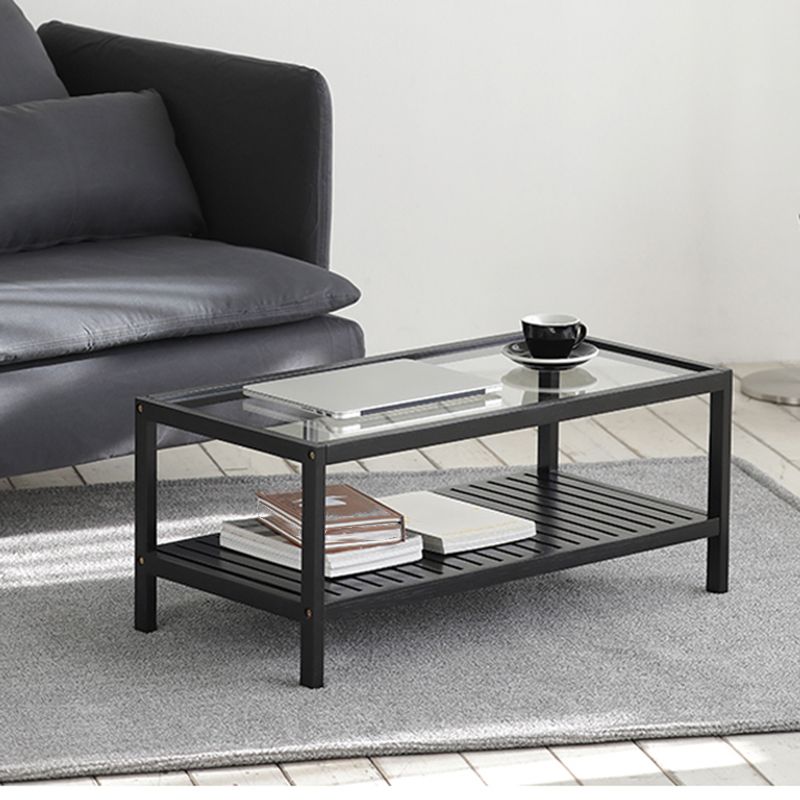 Modern 4 Legs Wood Base Rectangular Acrylic Top Coffee Table with Shelf