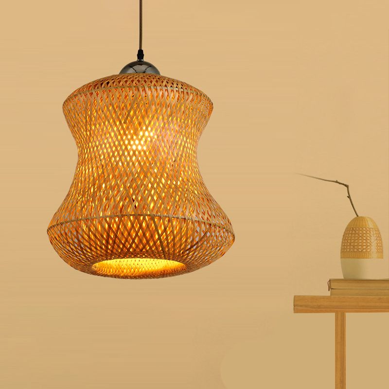1 Bulb Tearoom Ceiling Light Asian Coffee Pendant Light Fixture with Handcrafted Bamboo Shade