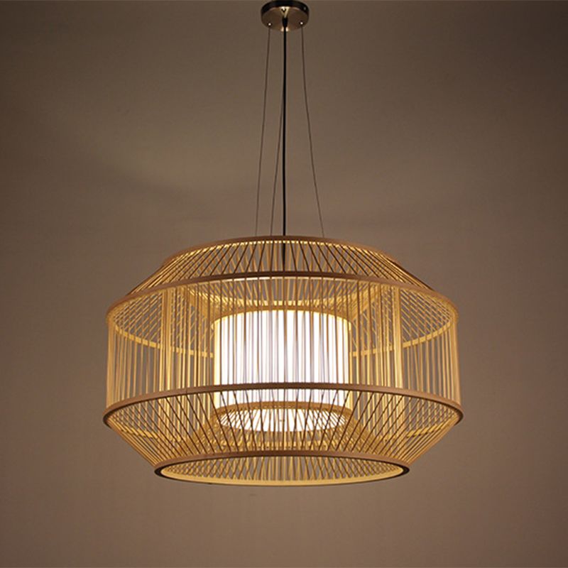 Beige Round Lantern Pendant Chinese Style 1 Bulb Bamboo Hanging Light for Dining Table