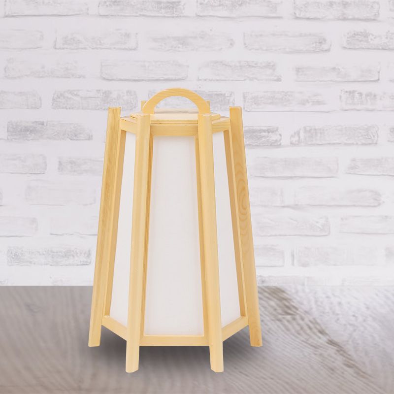 Mesa de noche de forma de torre Luz de madera japonesa 1 lámpara de beige ligera con sombra de tela