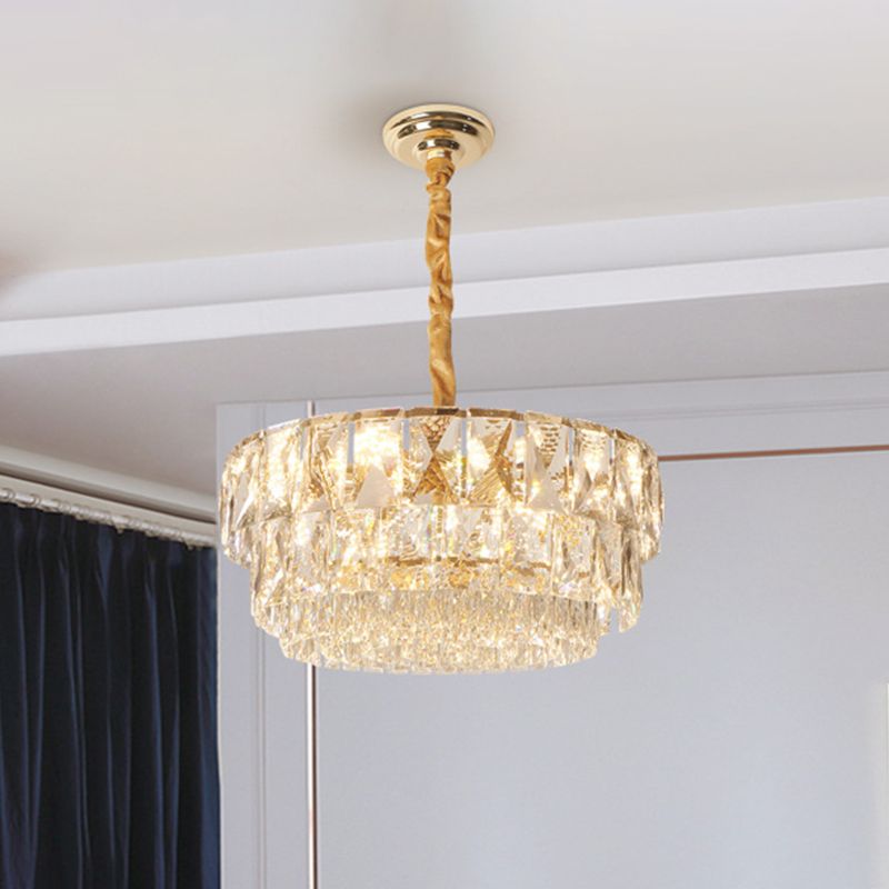 10-Light Drum Chandelier Lighting Simple Gold Cut K9 Crystal Ceiling Suspension Lamp over Table