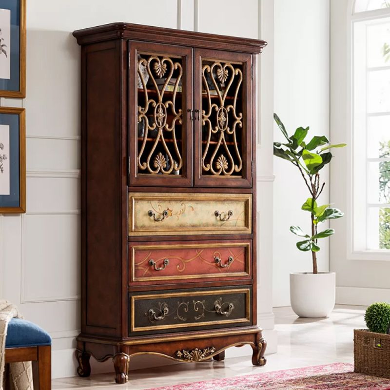 Door Cabinet Mid Century Distressed Solid Wood Storage Cabinet with Drawers