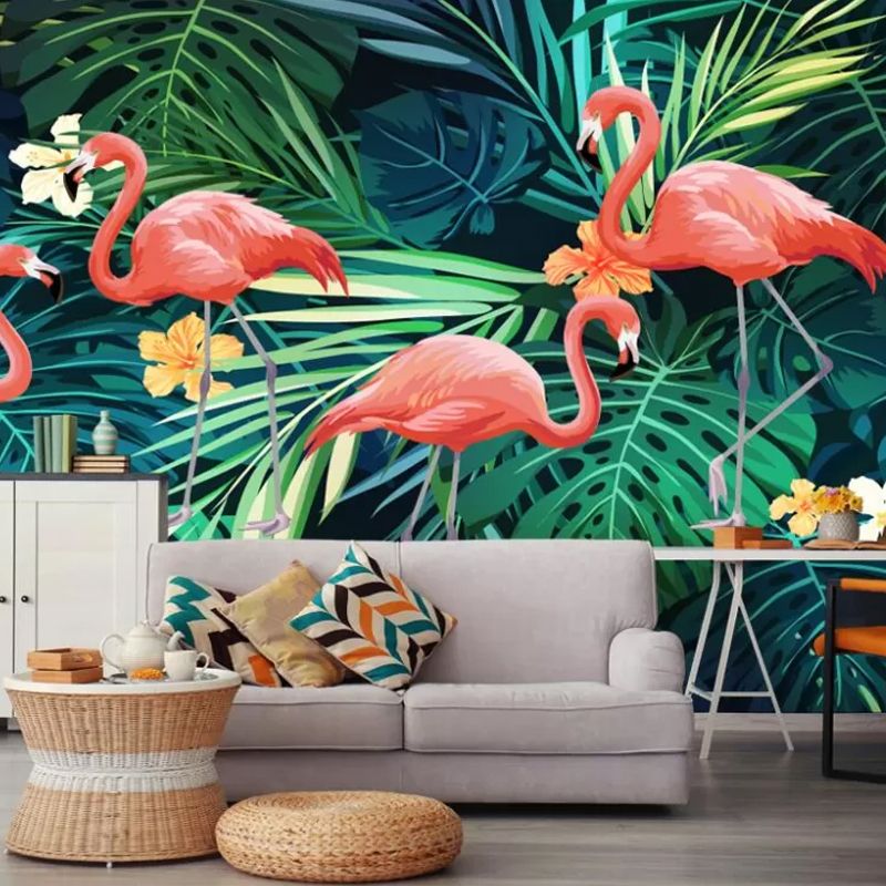 Modernism Flamingo and Plant Mural in Green and Pink Guest Room Wall Covering, Personalized Size Available