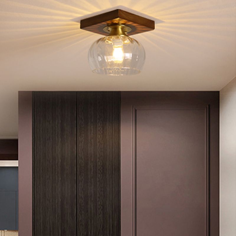 Modern Wood Ceiling Light Geometric Shape Flush Mount with Glass Shade for Living Room