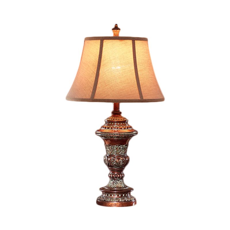 Vintage Style Bell Shade Nightstand Lamp 1 Bulb Fabric Desk Light in Red Brown with Urn-Shaped Base, 25"/29.5" H