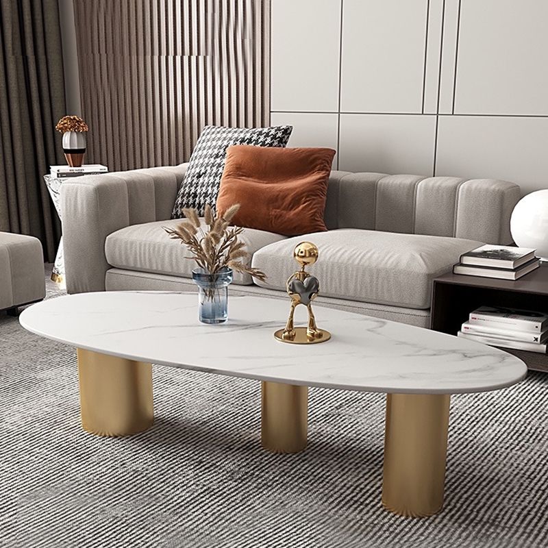 Oval Stone Top Coffee Table Set with 3 Steel Legs for Living Room