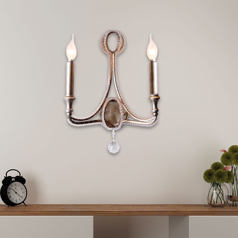 Retro Loft Fabric Wall Light Fixture 2 Heads Conical Sconce Light with Crystal Beaded Strand in Aged Silver