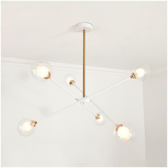 Contemporary White Arm Chandelier Line Metallic Amber//Clear/Silver/Smoke Grey/White Suspension Light with Spherical Shade for Study Room