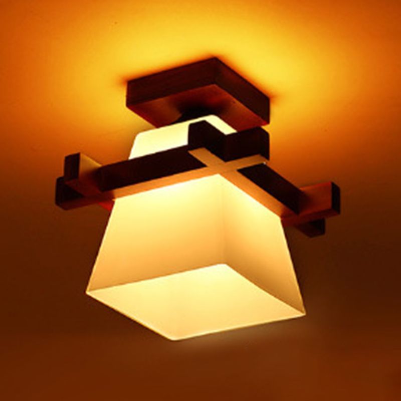 Red Brown Checkered Massimale Fixture Modern Wooden Flush Mount Light con White Glass Shade