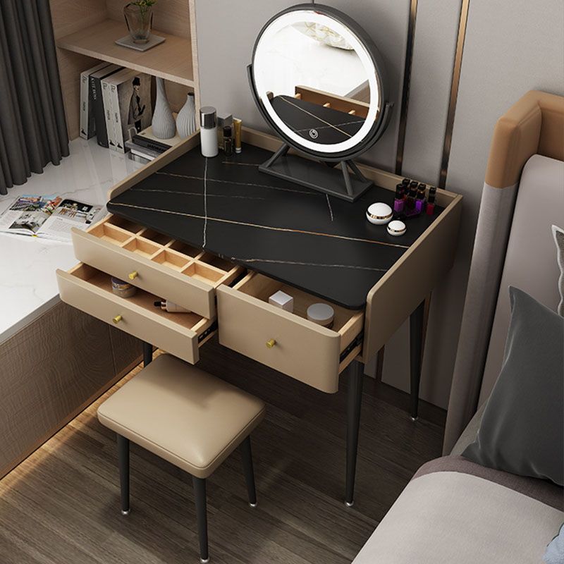 Luxurious Stone Top Vanity Genuine Leather Vanity Set with Stool