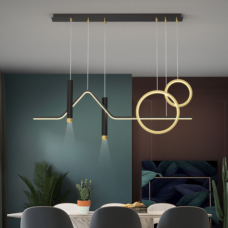 Isola di sospensione lineare contemporanea Light Metal Led Room Isola lampadario in oro-nero