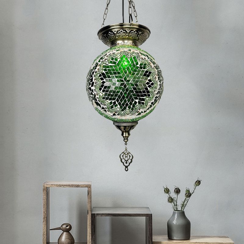 1 Light Stained Art Glass Pendant Light Kit Vintage White/Red/Blue Globe Dining Room Hanging Ceiling Light