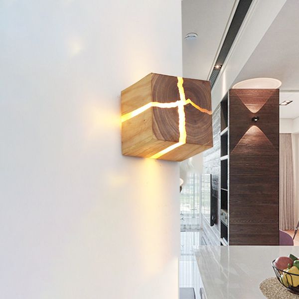 Log Color 1-Light Wall Lamp in Modern Minimalist Wooden Square Wall Light for Bedroom