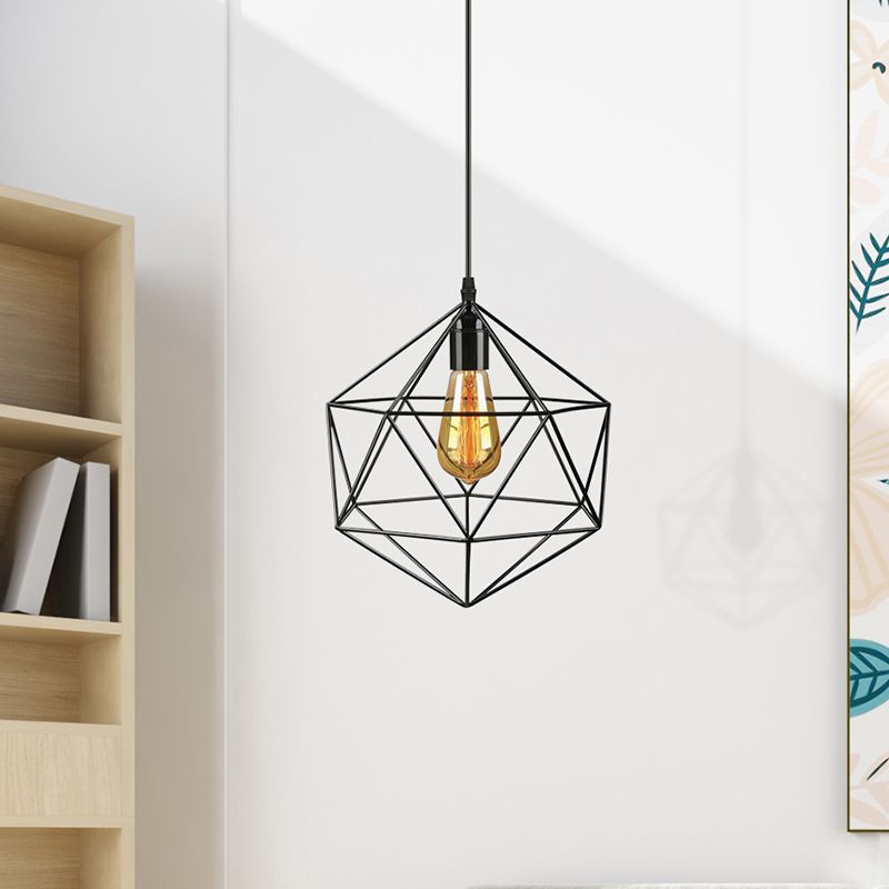 Geometric Metal Pendant Light Industrial 1 Light Living Room Hanging Light in Black/White, 7"/8.5"/11" W