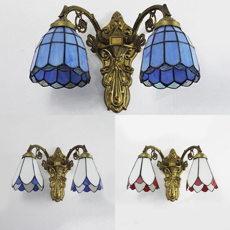 Stained Glass Wall Light with Curved Arm Tiffany Style Double Sconce Light in Red/White/Blue for Bedroom Lighting