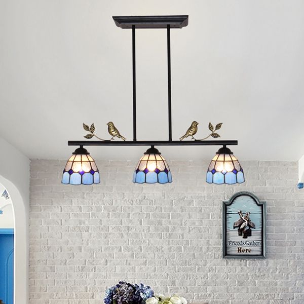 3 Bulbs Indoor Island Pendant Light Tiffany Style Antique Brass/Black/Blue Hanging Light with Dome Stainless Glass Shade
