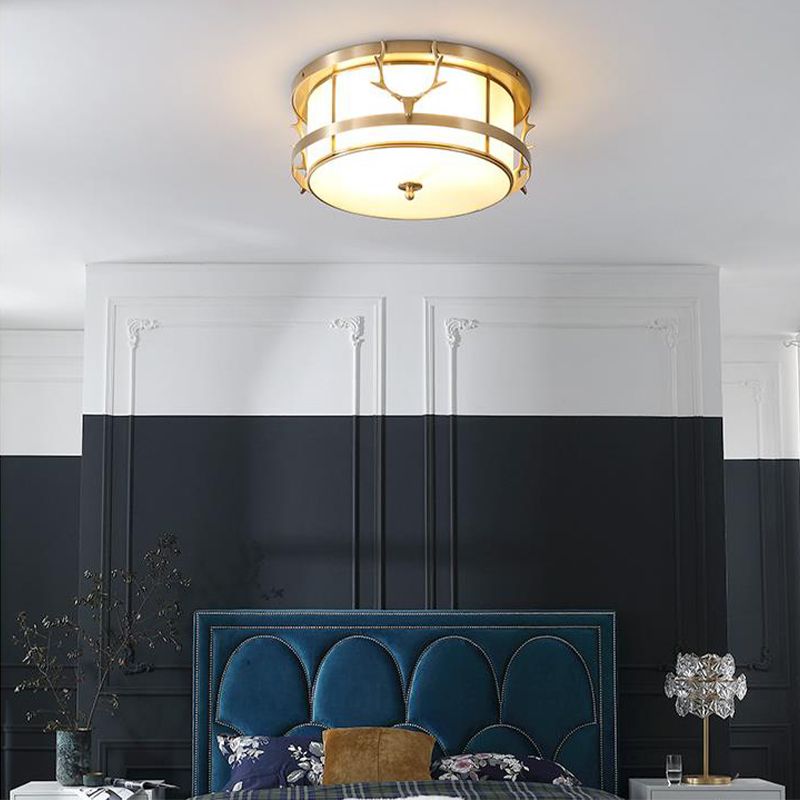 Brass Antler Element Ceiling Lamp Vintage Metallic 4-Light Bedroom Flush Mount Light with Opal Glass Shade