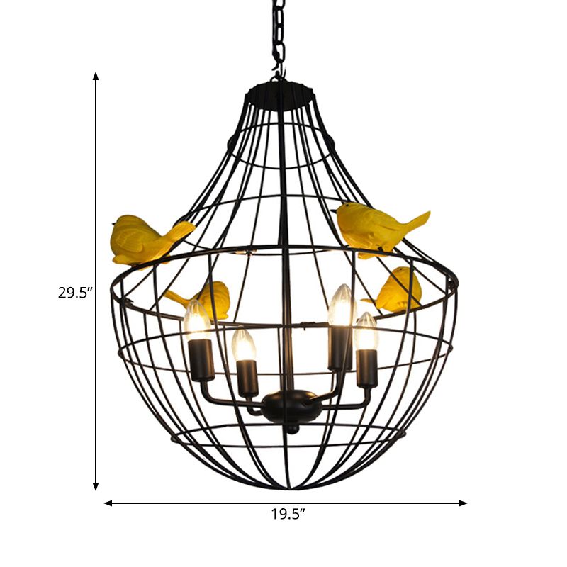 4 Lights Candelabra Suspended Lighting Fixture Traditional Black Metal Chandelier with Cage