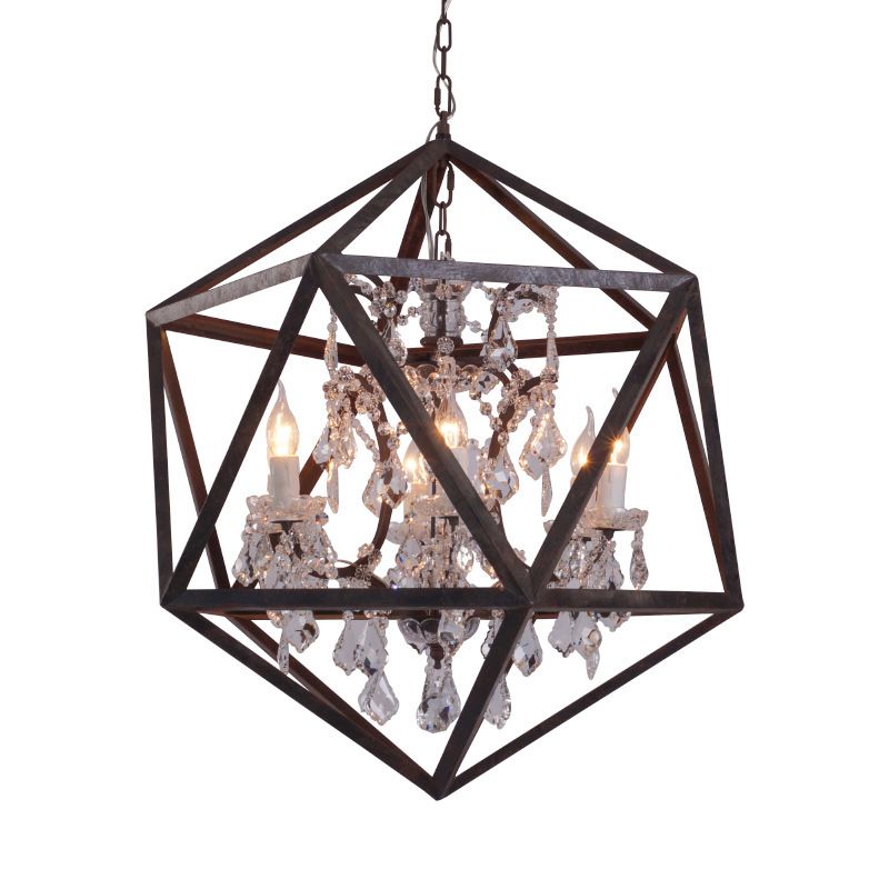 6 Bulbs Geometric Chandelier Light Traditional Rust Metal Hanging Ceiling Fixture with Clear Crystal Drop