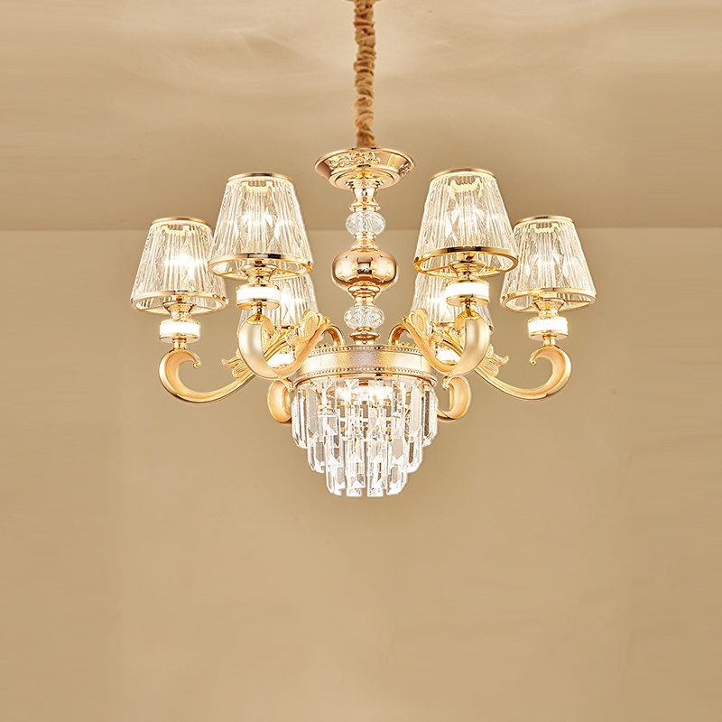 3-Tier Faceted Crystal Chandelier Lighting Modernism 6/8 Heads Living Room Hanging Lamp Kit in Gold with Conic Shade