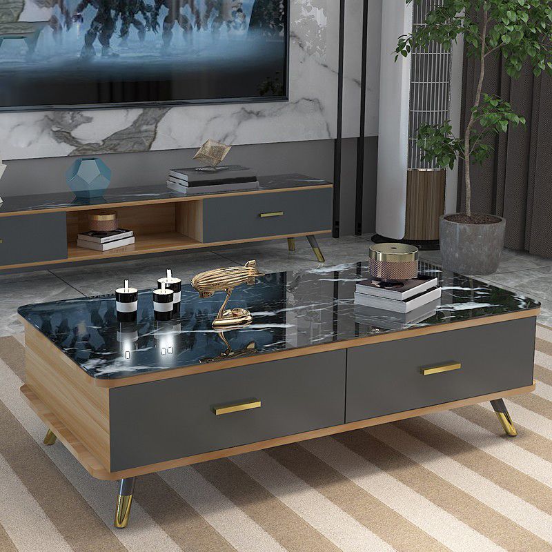 Contemporary Glass Top Coffee Table with 2 Drawers and 4 Legs