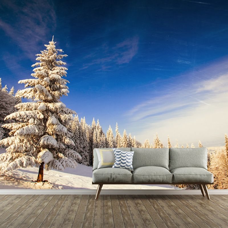 Huge Modern Mural Blue-White Snow Cypress Mountain with Clean Sky Wall Covering, Custom Made