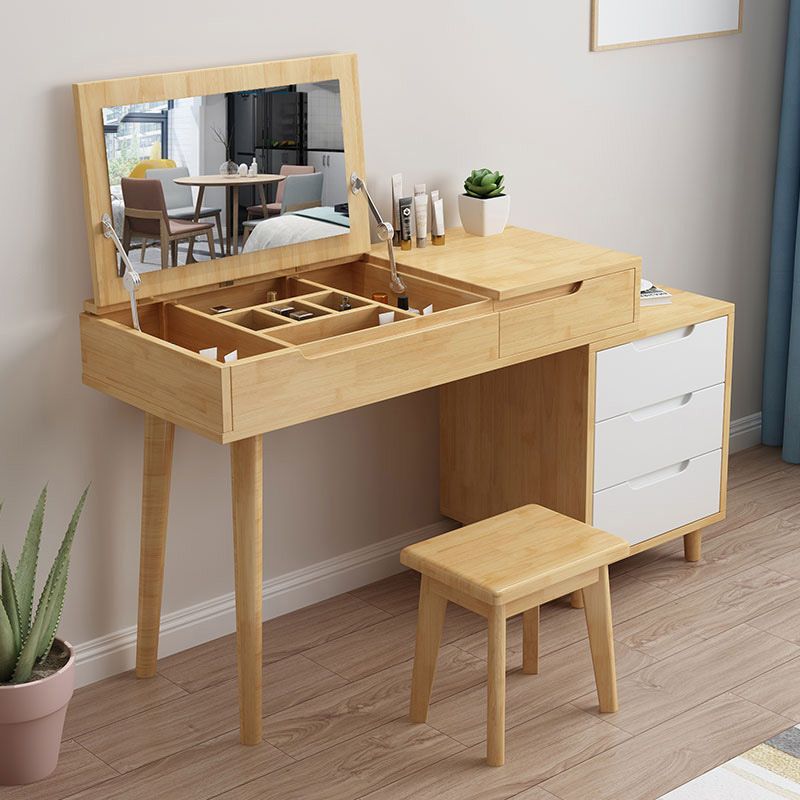 Scandinavian Wood Vanity Set Flip-Top Makeup Dressing Table with 4 Drawers